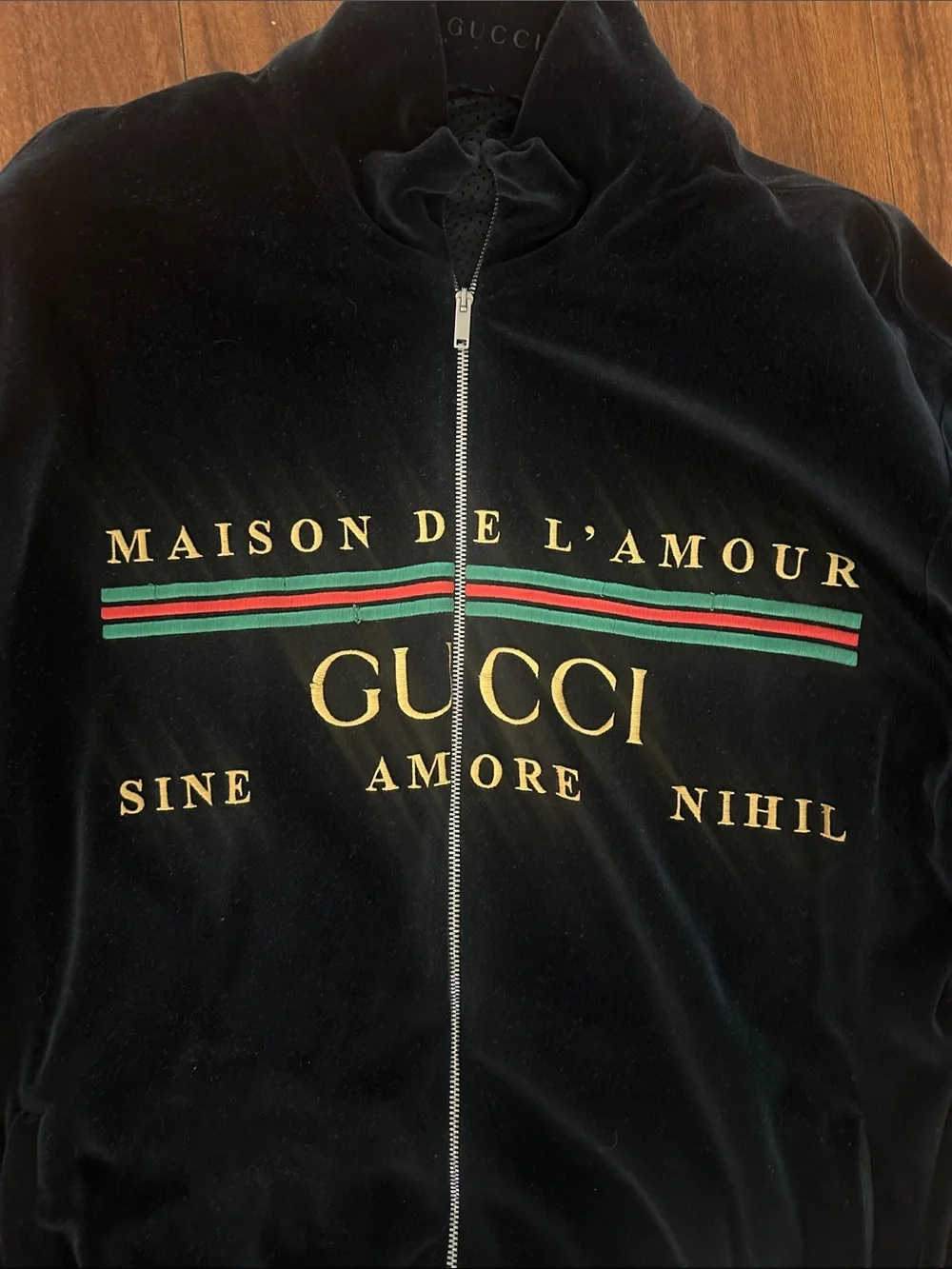 Gucci Black Velvet Zip-Up Bomber with Green & Red Stripe